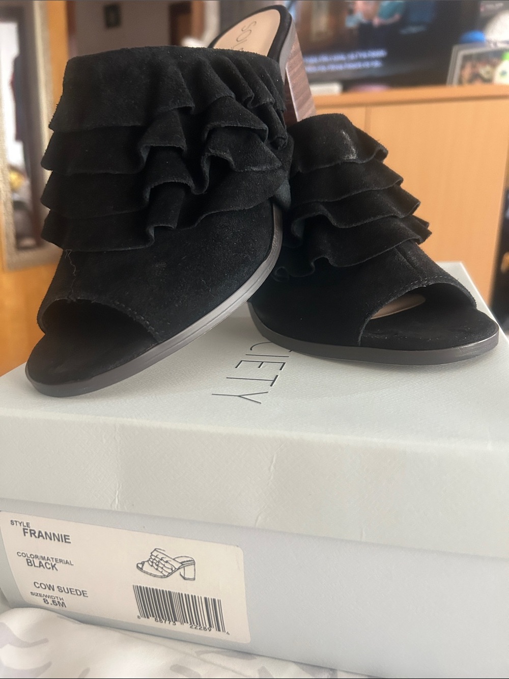 Sole Society Black Frilled Slide Mules